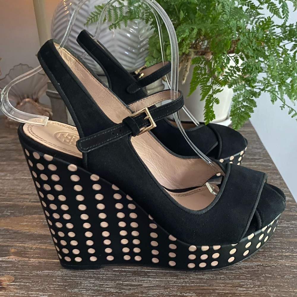 Tory Burch Ollie Black Suede Platform Wedge Slingback Heel Sandals Womens 8 M - Picture 5 of 15